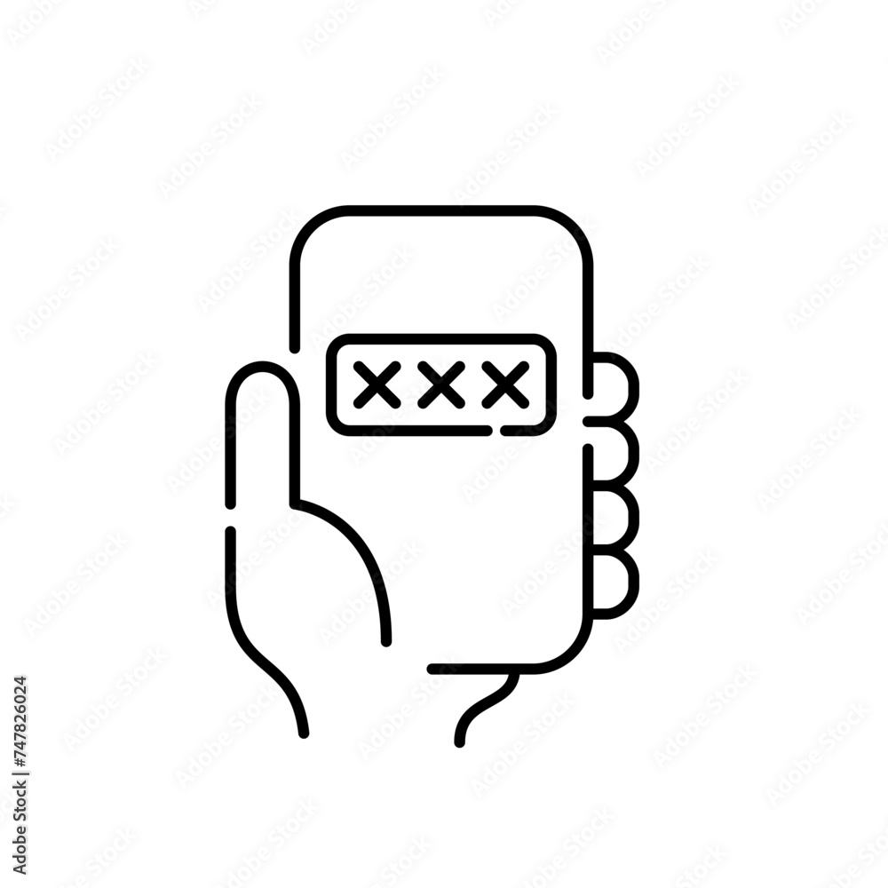 Poster hand holding phone with password dialog box. pixel perfect vector icon