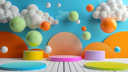 3d rendering of a colorful and playful scene with podiums, balls, and clouds.