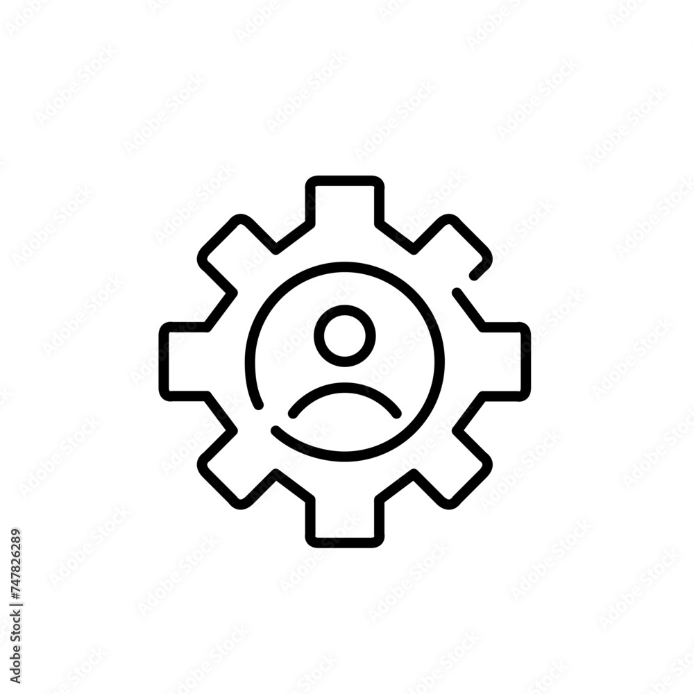 Poster user profile silhouette merged with a cogwheel for personal account settings customization. pixel pe
