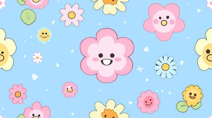 Cute funny kawaii smile face flowers, seamless pattern, on blue pastel background