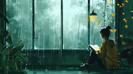 A girl is sitting on the floor in front of a window. She is reading a book. The window is covered in rain. The girl is wearing a yellow sweater. - obrazy, fototapety, plakaty