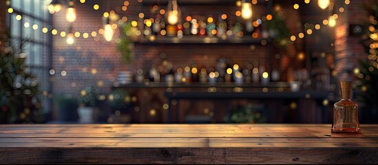 A wooden table is shown with a bottle of liquor placed on top of it. The background features a bokeh effect, creating an abstract blur in a creative loft bar setting. - obrazy, fototapety, plakaty