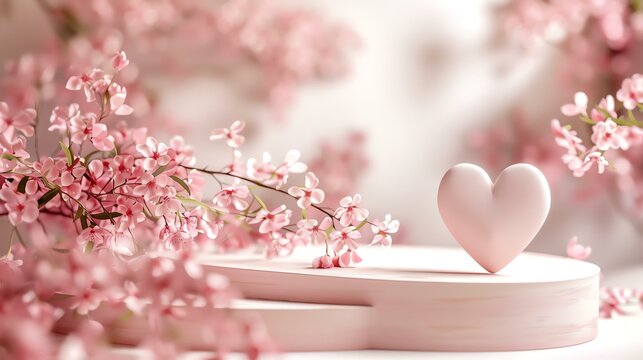 This is a beautiful image of a pink heart-shaped object sitting on a podium in front of a backdrop of cherry blossoms.