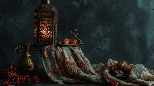 A beautiful still life image of a lantern, dates, and a pitcher on a table. The lantern is made of metal and has a intricate design.