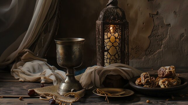 A beautiful still life image of a lantern, a goblet, and a plate of dates. The lantern is made of intricate metalwork and the goblet is of silver.