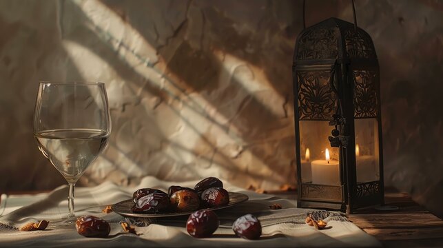 Ramadan still life with dates, a glass of water and a lantern. The warm light of the lantern creates a cozy atmosphere.