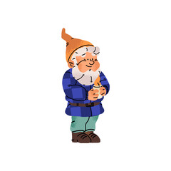 Adorable bearded dwarf stands, holds candle. Happy garden gnome with candlelight in hands. Old fairytale gardener in cap looks at fire, flame. Flat isolated vector illustration on white background