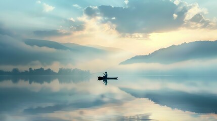 A lone fisherman in a boat on a misty lake at sunrise. The sky is cloudy and the water is calm.
