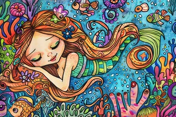 Cartoon cute doodles of a girl daydreaming about swimming with mermaids in an underwater kingdom, Generative AI