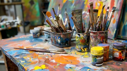 An artist's workspace with paintbrushes, a palette, and paint. The table is covered in paint and...