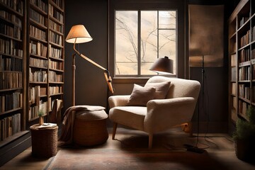 room with books generated by AI technology