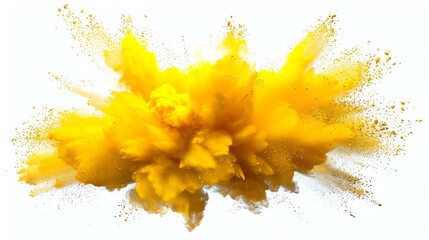 **Abstract yellow powder explosion**  A bright yellow powder explosion on a white background. - obrazy, fototapety, plakaty