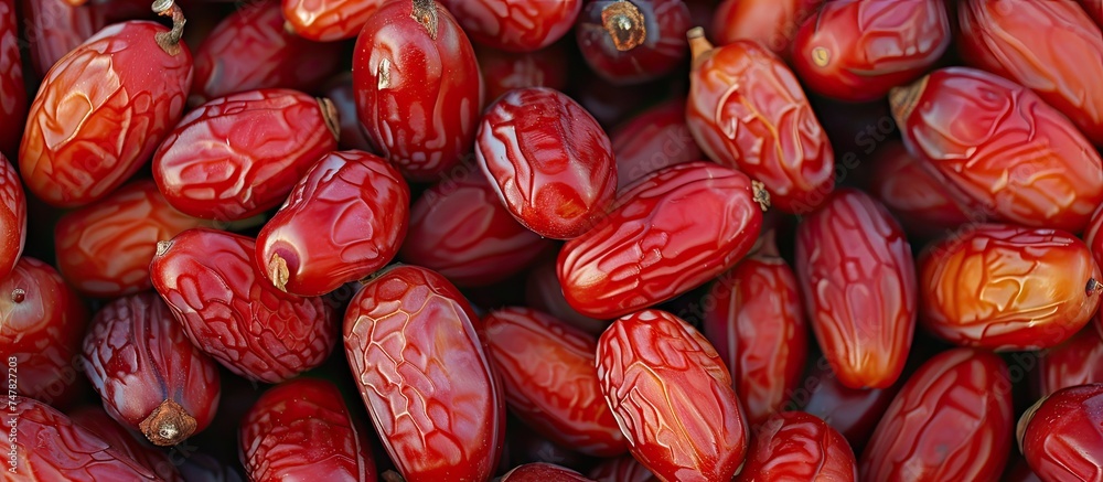 Poster a group of red beans stacked neatly next to each other in a pile. the beans are bright red in color 