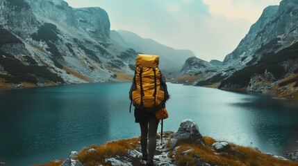 Young woman with yellow backpack standing on the rocky shore of a mountain lake and looking at the beautiful view of the mountains and crystal clear w - obrazy, fototapety, plakaty