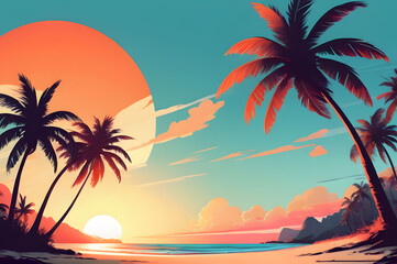 Fototapeta na wymiar Travel-themed background, tropical beach in orange-pink and ocean-blue tones. Illustration of a calm beach scene with palm trees and water 