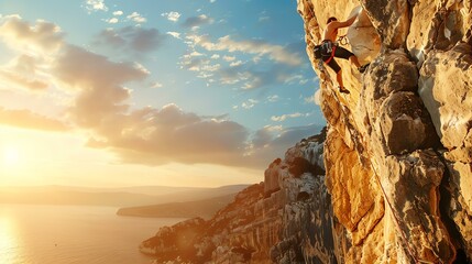 A rock climber scales a sheer cliff face, the sun setting over the ocean behind him.