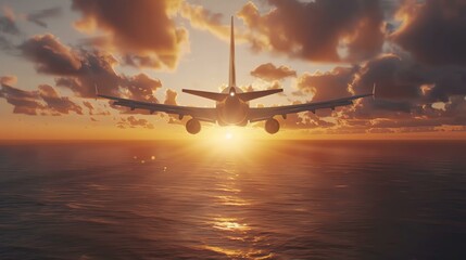 A plane flies over the ocean at sunset. The sky is orange and the water is calm. The plane is...