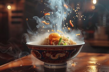 steaming bowl of ramen noodles in a rich broth, topped with a soft-boiled egg, savory pork, and fresh green onions - obrazy, fototapety, plakaty