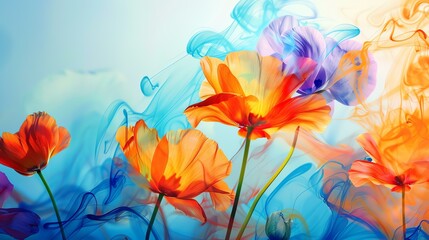 vibrant floral arrangement of orange and purple flowers set against a backdrop of swirling blue and purple smoke