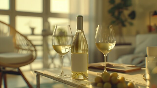 view, white wine. white label white Wine bottle mock - up in ASOS style in their home, boho style.