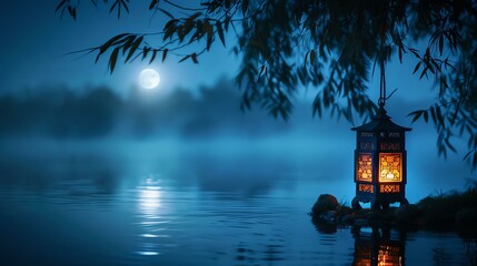 The full moon is rising over a calm lake, casting a shimmering reflection on the water. - obrazy, fototapety, plakaty