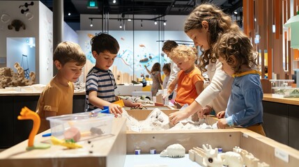 A group of children are playing with sand and dinosaur toys in a museum. They are all having a lot of fun and learning about dinosaurs. - obrazy, fototapety, plakaty