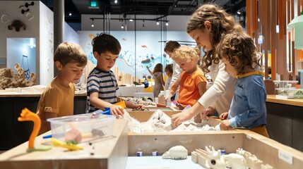 A group of children are playing with sand and dinosaur toys in a museum. They are all having a lot...