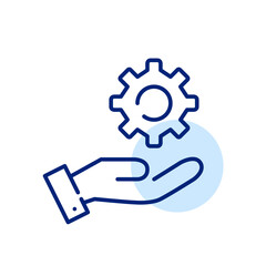 Hand holding a cogwheel. Manual control and precision. Hands-on customization and adjustment pixel perfect vector icon