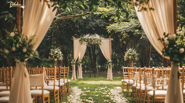 The image is a beautiful outdoor wedding ceremony. The aisle is lined with white chairs and decorated with white flowers.