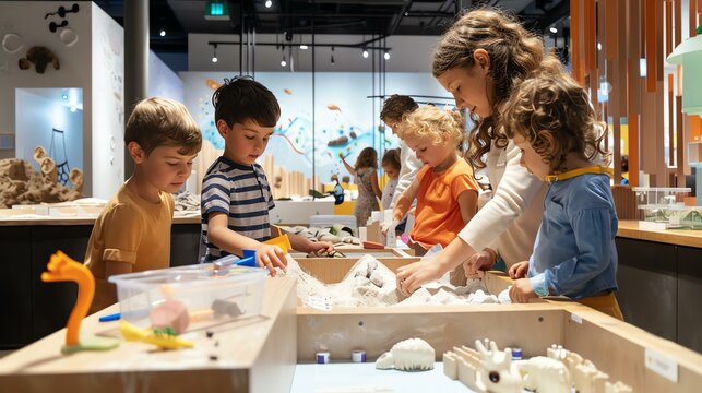 A group of children are playing with sand and dinosaur toys in a museum. They are all having a lot of fun and learning about dinosaurs.