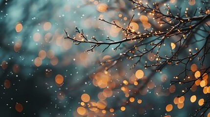 Glowing lights on a tree branch with a blurred background of falling snow.