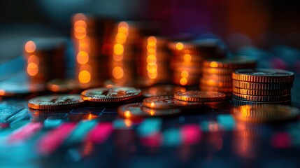 Row of piles of gold coins with stock charts, for finance and business concepts and growth.