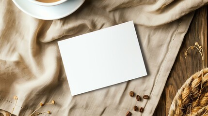 Blank white paper card mockup on beige linen fabric and wooden table background. Flat lay, top view, copy space. For your text, design, presentation.