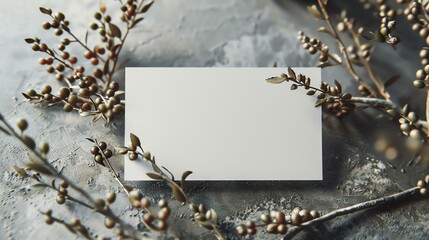Elegant blank white business card mockup with beautiful golden branches with leaves and berries on...