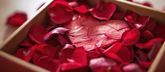 A box overflowing with vibrant red petals, creating a striking visual of natures beauty captured in one place. The box is brimming with fragrant petals clustered tightly together, offering a bold