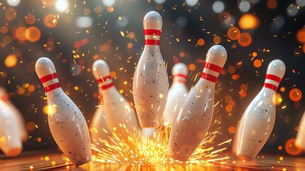 This is a photograph of bowling pins being hit by a bowling ball. The pins are flying in the air and there is a lot of motion blur. - obrazy, fototapety, plakaty