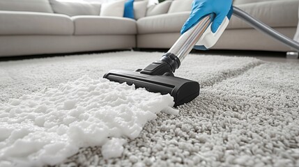 Cleaner uses vacuum cleaner on floor rugs - obrazy, fototapety, plakaty