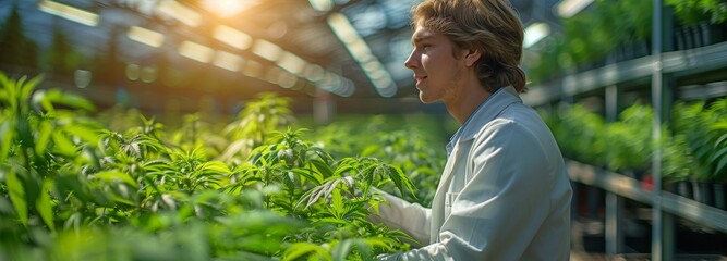 In a marijuana greenhouse, a scientist examines hemp plants. The idea of complementary and herbal medicine - obrazy, fototapety, plakaty