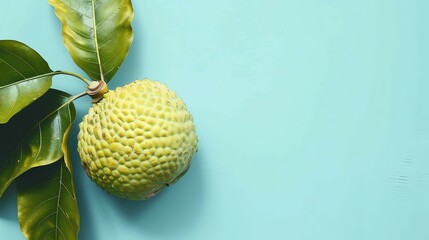 This is an image of a green, bumpy fruit with a rough texture. It is hanging from a branch with green leaves.