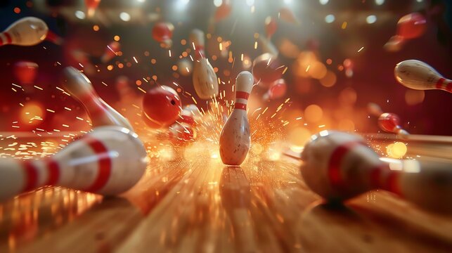 The image is a 3D rendering of a bowling ball striking the bowling pins.