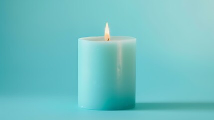 This is a photograph of a single blue candle on a blue background. The candle is in focus and the...