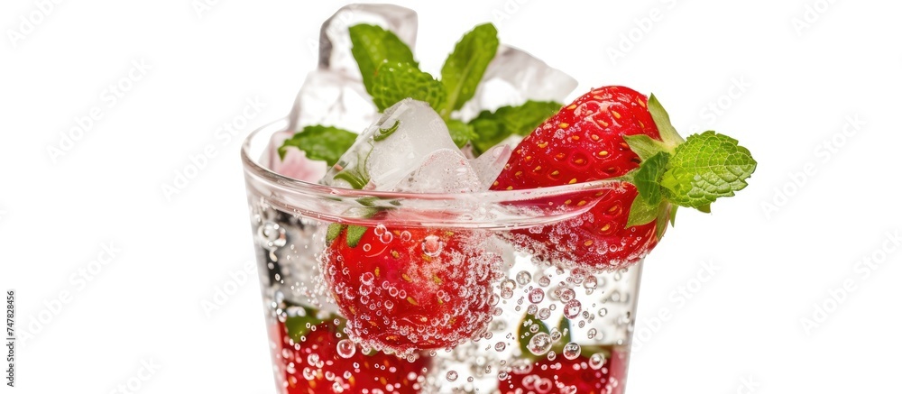 Poster a classic glass is filled with ice cubes and whole strawberries, creating a refreshing mocktail. the