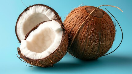This is a photo of a coconut. The coconut is brown and hairy. It is cracked open in half, and the white meat inside is visible.