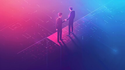 digital handshake between two silhouetted figures, set against a backdrop of radiant, geometric patterns