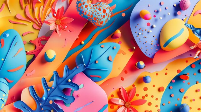 This is a vibrant and colorful abstract background. The image features a variety of shapes and colors, including flowers, leaves, and polka dots.