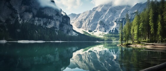 Lush Tranquility: Lake Braies Serenity, Captured with Canon RF 50mm f/1.2L USM - obrazy, fototapety, plakaty