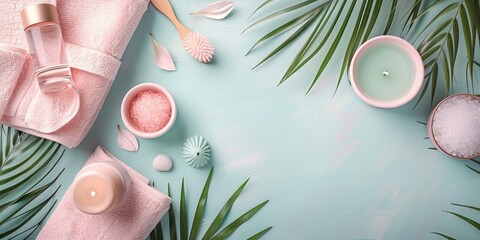Close up view of spa theme objects on pastel color background, staged photo with copyspace,...