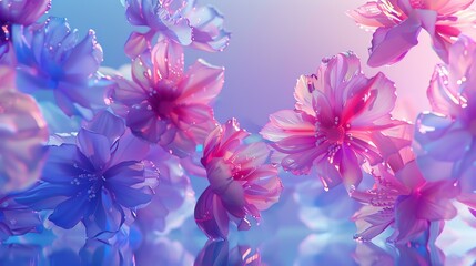 Beautiful watercolor painting of pink and blue flowers. The petals are delicate and the colors are vibrant.