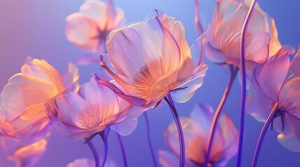 3D rendering of pink and orange flowers with a gradient background. The flowers are in focus and have a soft, ethereal glow.