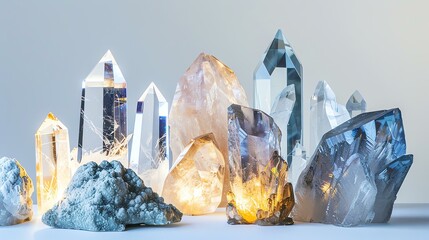 A variety of beautiful crystals and minerals on a white background. The crystals are all different shapes and sizes, and they sparkle in the light.